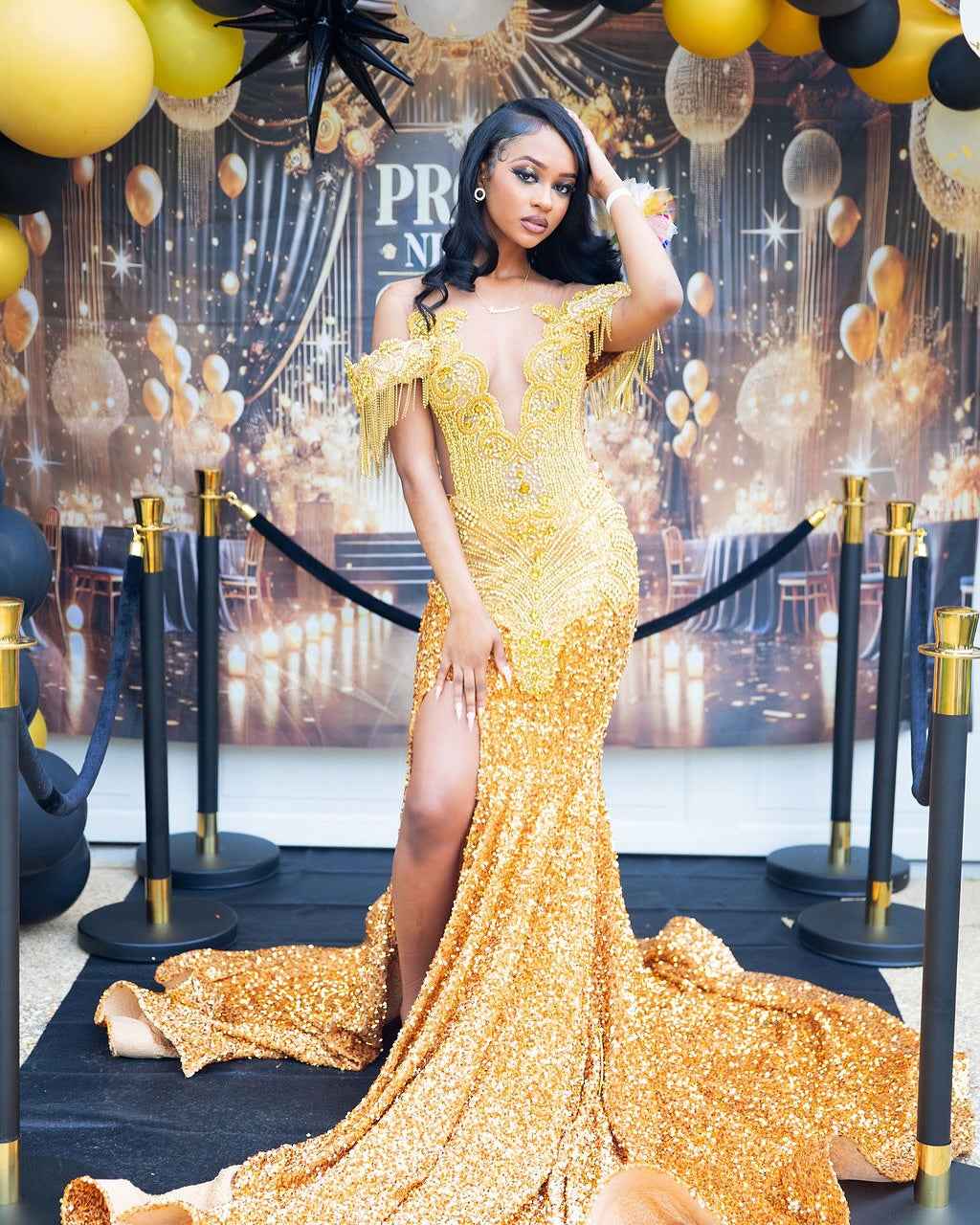 Golden Hour Glamour - Beaded Fringe Mermaid Prom Dress with Plunging Neckline