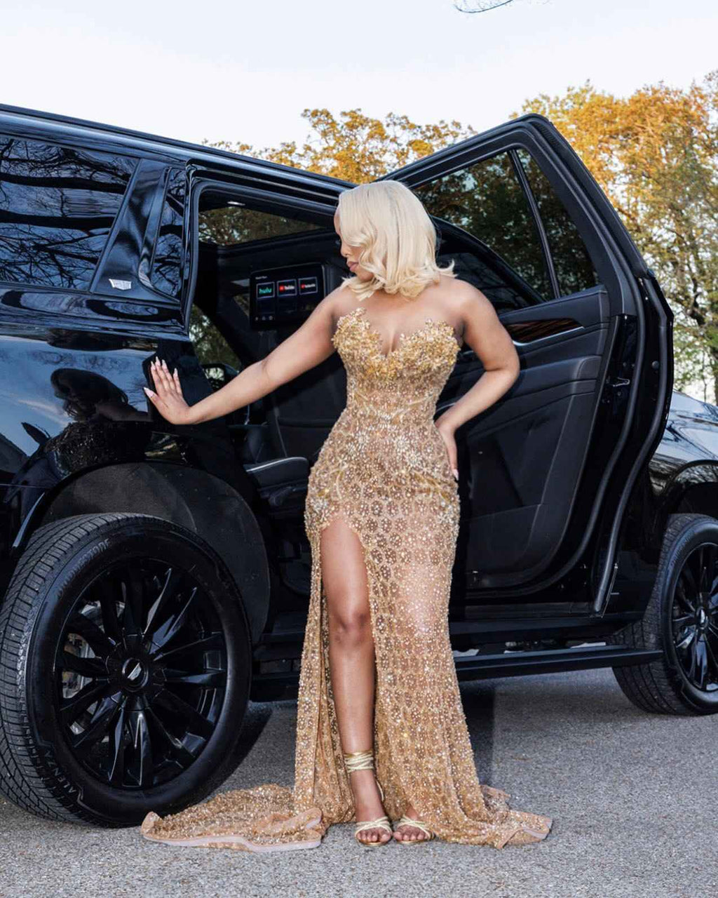Champagne Star - Crystal Beaded Prom Dress with 3D Florals & High Slit