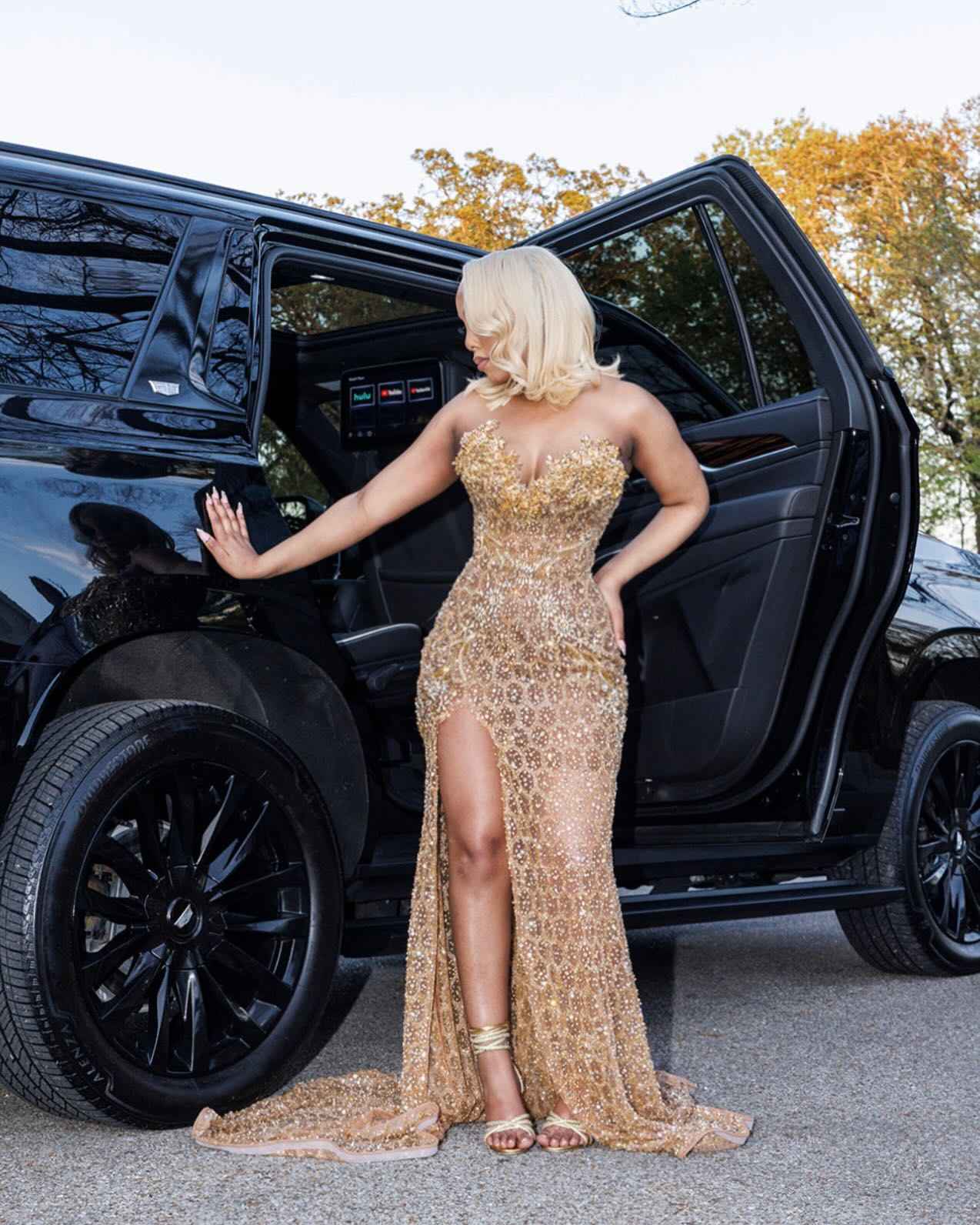 Champagne Star - Crystal Beaded Prom Dress with 3D Florals & High Slit