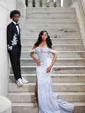 Silver Frost - Silver Crystal Beaded Off-Shoulder Mermaid Prom Dress with Crystal Fringe & Thigh Slit BMBRIDE