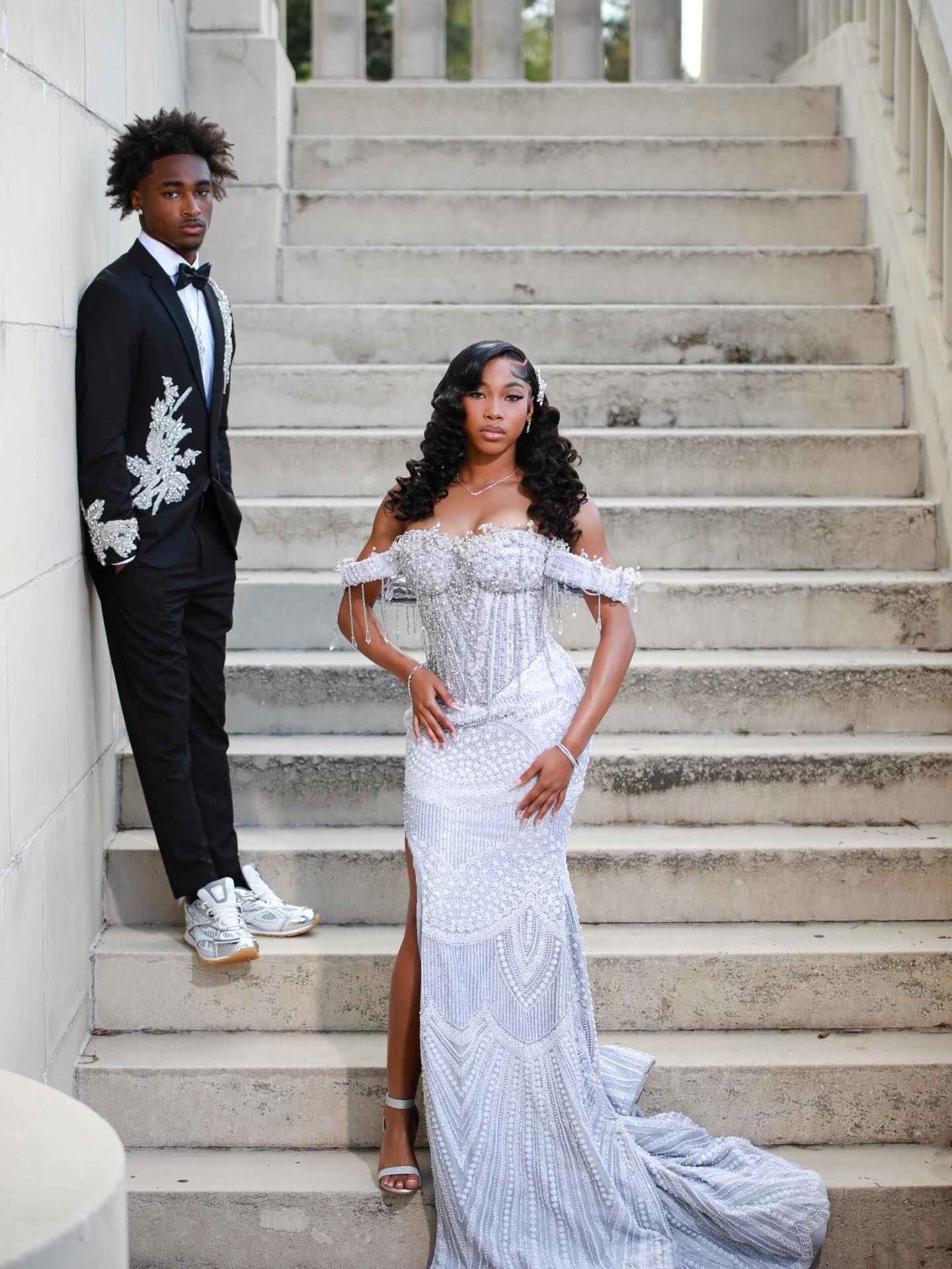 Silver Frost - Silver Crystal Beaded Off-Shoulder Mermaid Prom Dress with Crystal Fringe & Thigh Slit