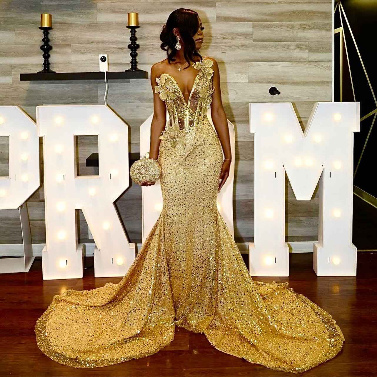 24K Gold - Sequined Corset Mermaid Prom Dress with 3D Florals