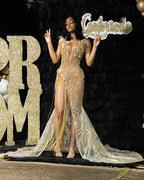 Golden Goddess - Luxury Beaded Mermaid Prom Dress with 3D Florals & Fringe BMBRIDE
