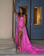 Hot Pink Sparkle - Sequined Prom Dress with One Shoulder & High Slit