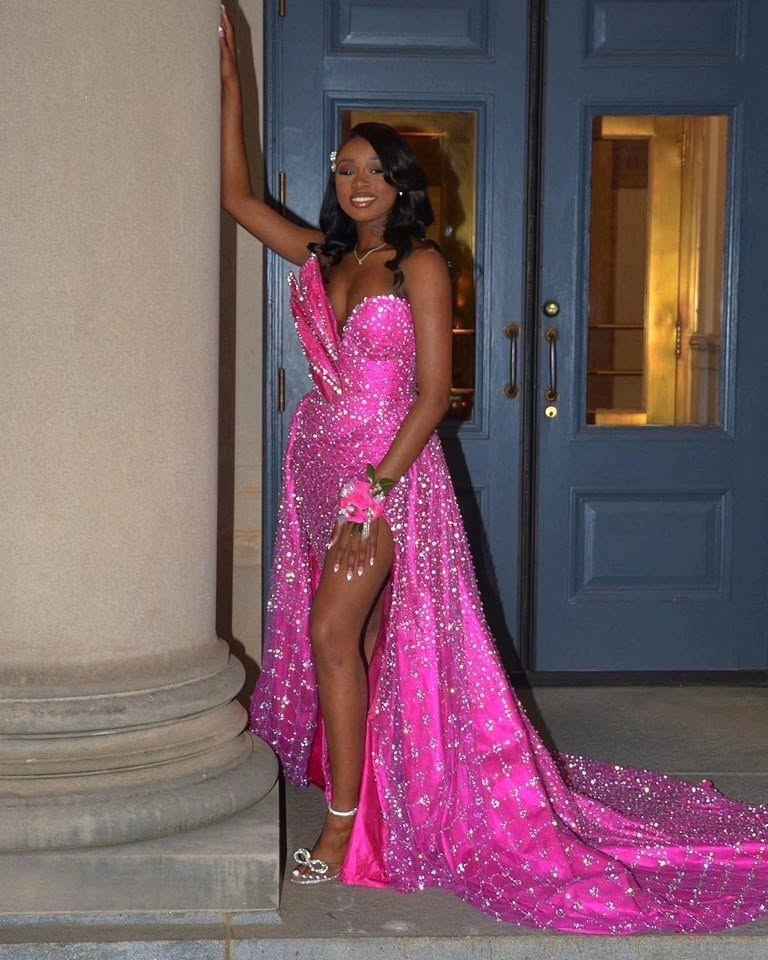 Hot Pink Sparkle - Sequined Prom Dress with One Shoulder & High Slit