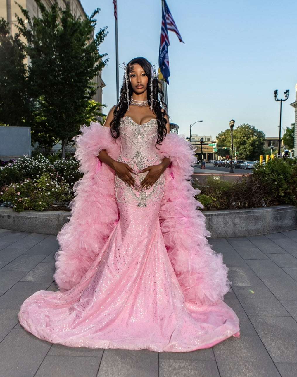 The Pink Princess - 2026 Crystal Beaded Mermaid Gown: Blush Pink with Silver Geometric Crystals & Dramatic Tulle Ruffle Overskirt