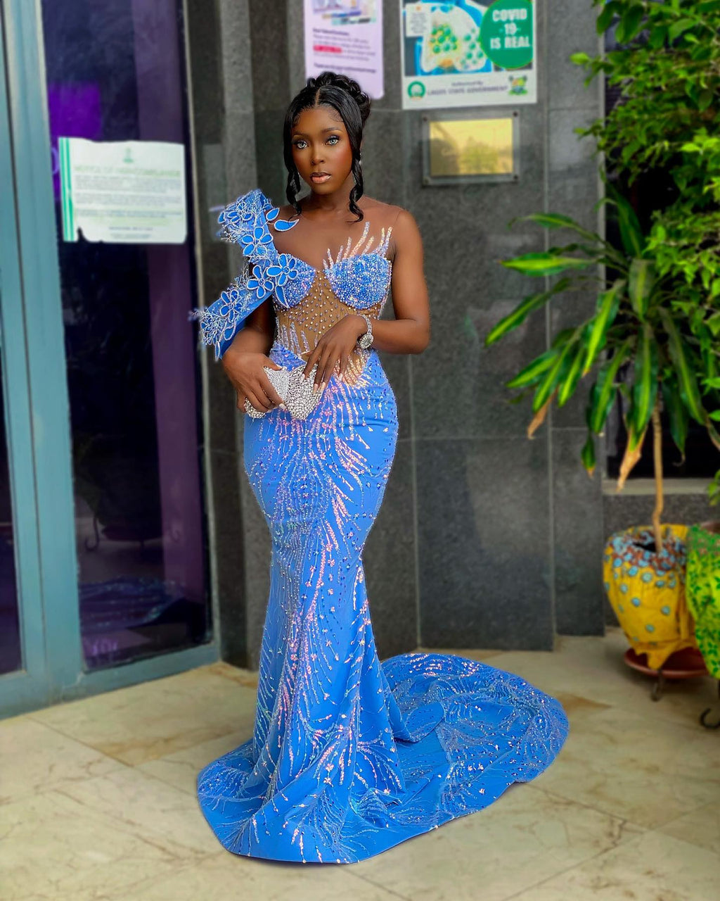 The Blue Butterfly - 2026 Beaded Mermaid Gown: One-Shoulder Blue Lace Appliqué with Sheer Crystal Corset & Geometric Beadwork