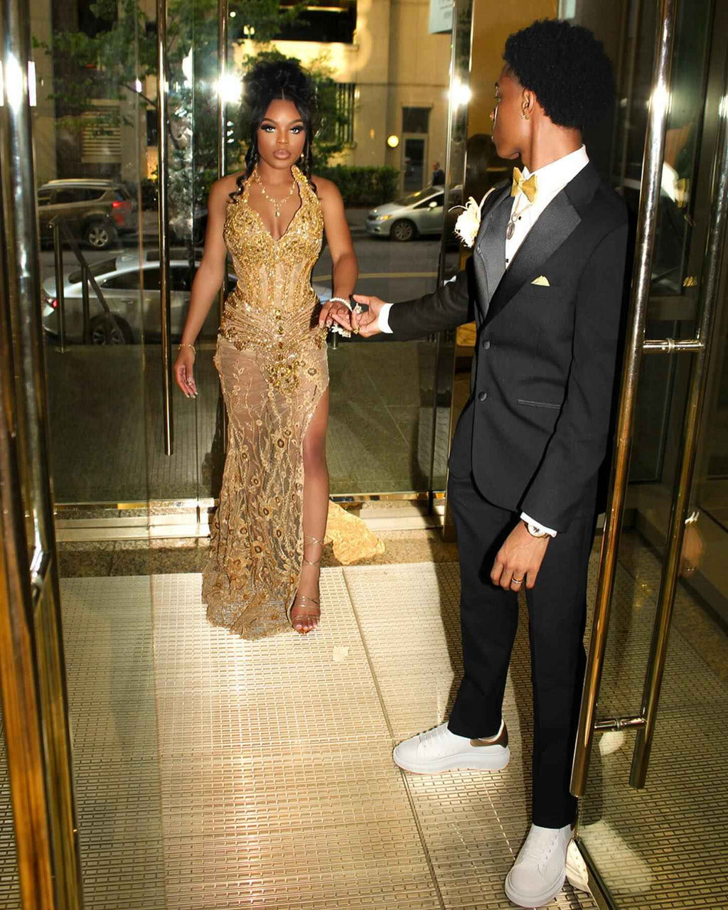 Golden Elegance - Sheer Beaded Prom Dress with Deep V & High Slit