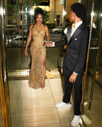 Golden Elegance - Sheer Beaded Prom Dress with Deep V & High Slit