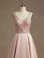 Pink A-line V-Neck Floor-Length Satin Lace Prom Dress With Sequins