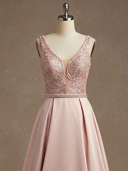 Pink A-line V-Neck Floor-Length Satin Lace Prom Dress With Sequins BMBRIDE
