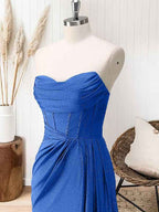 Glitter Royal Blue Strapless Mermaid Long Prom Dress with Slit
