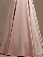 Pink A-line V-Neck Floor-Length Satin Lace Prom Dress With Sequins