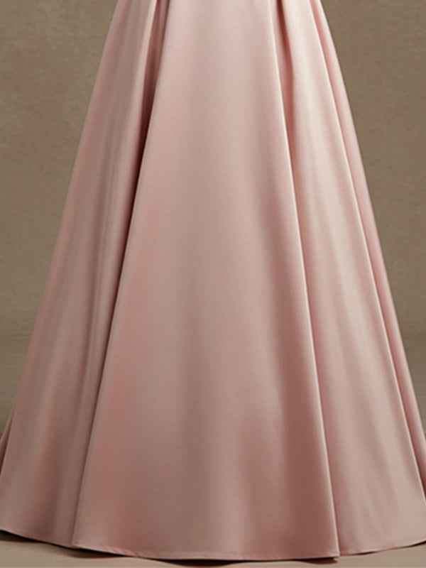 Pink A-line V-Neck Floor-Length Satin Lace Prom Dress With Sequins