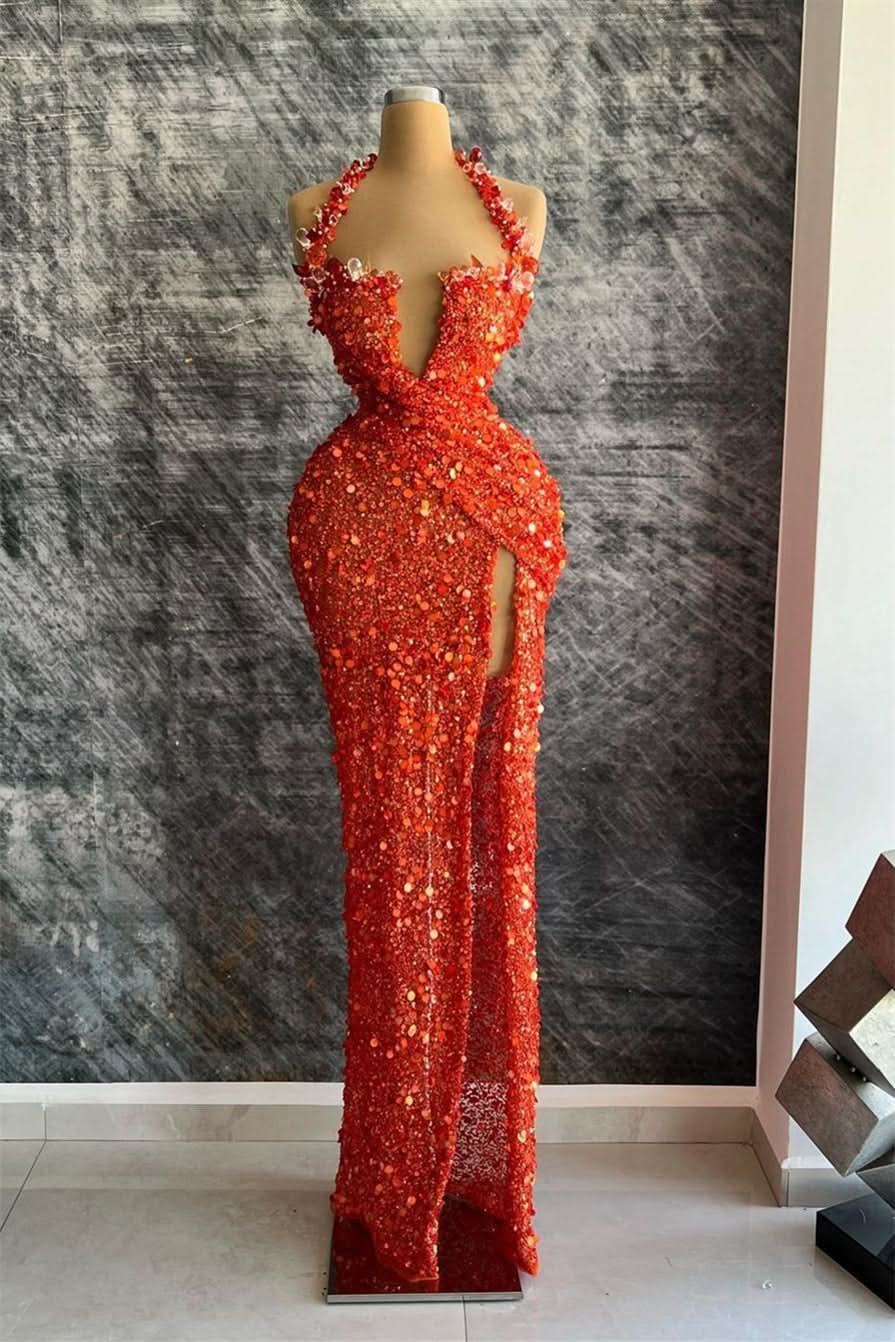 Red Halter Deep V-Neck Mermaid Evening Dress with Rhinestone Slit Sequins BM bride