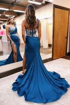 Royal Blue One-Shoulder Sleeveless Beaded Prom Dress with Front Slit BM bride