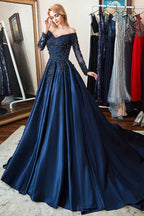Long Sleeves Off the Shoulder Beadings Prom Dress Navy Lace With Appliques