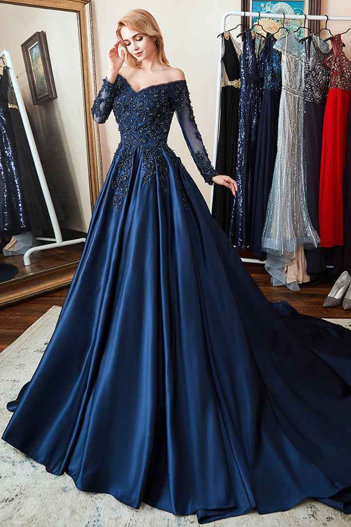 Long Sleeves Off the Shoulder Beadings Prom Dress Navy Lace With Appliques