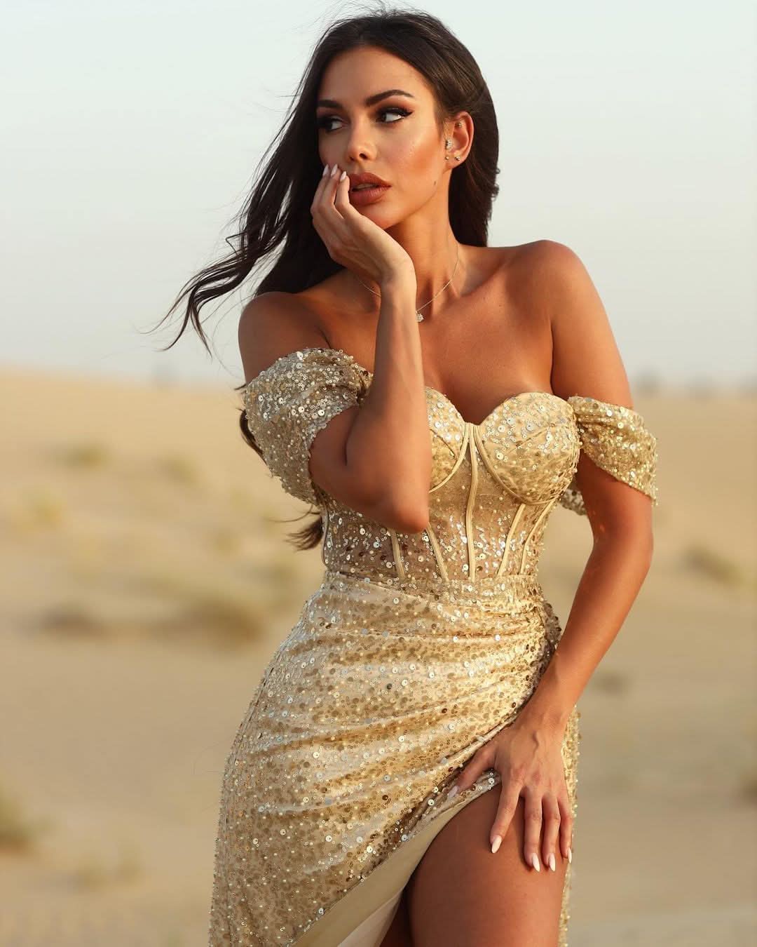 Off-the-Shoulder Champagne Sequined Evening Gown BM bride