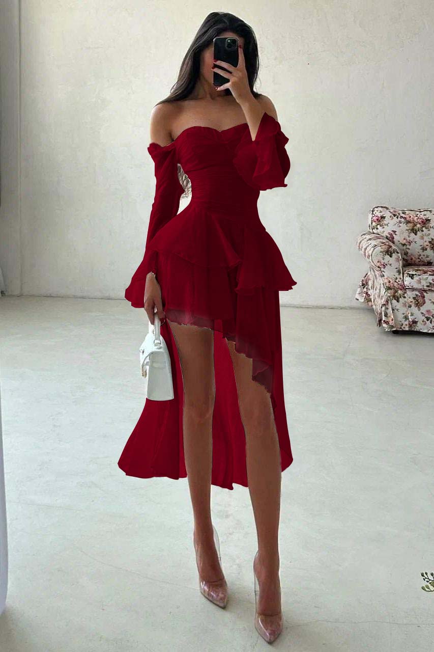 Strapless Long Sleeves Off the Shoulder Short Prom Dress With Ruffles