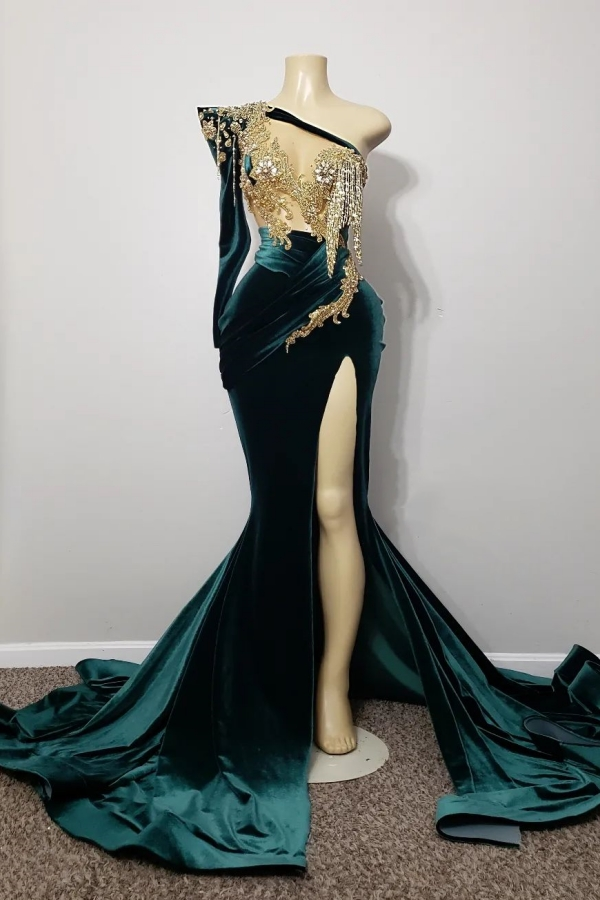 Dark Green One Shoulder Long Sleeve Prom Dress Mermaid Beaded With Split