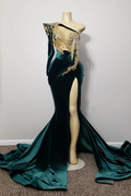 Dark Green One Shoulder Long Sleeve Prom Dress Mermaid Beaded With Split