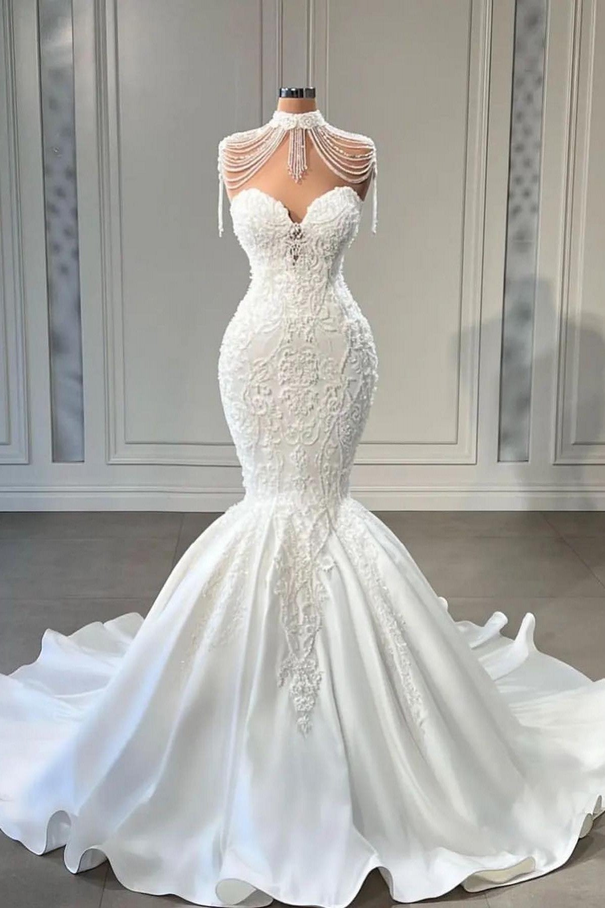 Long Sweetheart Satin Mermaid Wedding Dress with Pearl and Lace BM bride