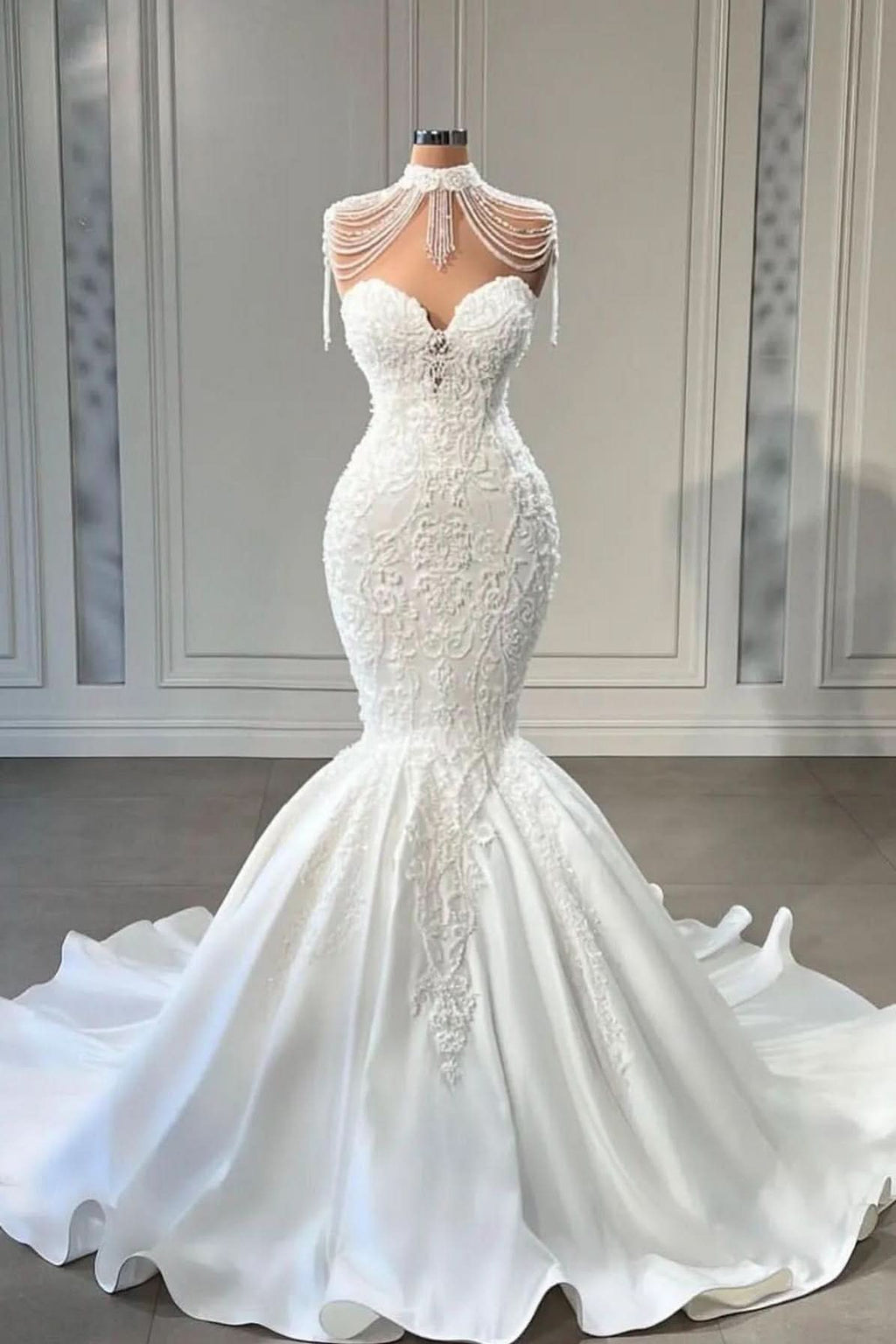 Long Sweetheart Satin Mermaid Wedding Dress with Pearl and Lace BM bride