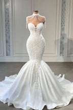 Long Sweetheart Satin Mermaid Wedding Dress with Pearl and Lace BM bride