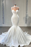 Long Sweetheart Satin Mermaid Wedding Dress with Pearl and Lace BM bride