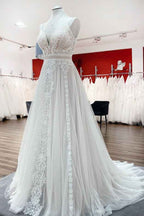 A-Line Wedding Dress with Ruffles, Open Back, and Tulle Lace BM bride