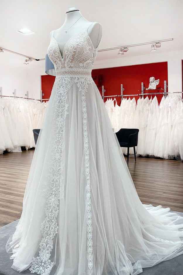 A-Line Wedding Dress with Ruffles, Open Back, and Tulle Lace BM bride