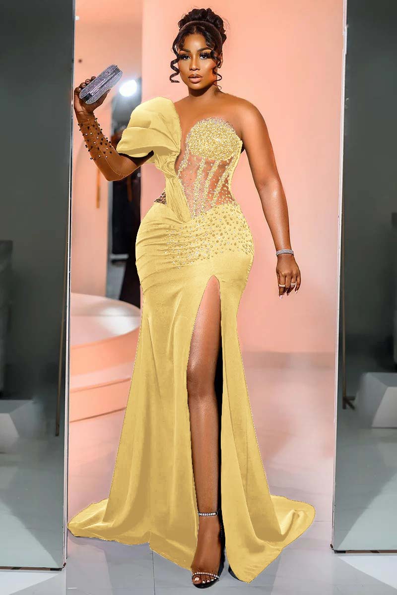 One Shoulder Long Sleeve Long Mermaid Prom Dress With Beading BMBRIDE