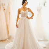 Long A-Line Spaghetti Strap Sleeveless Wedding Dress with Tulle Lace BM bride
