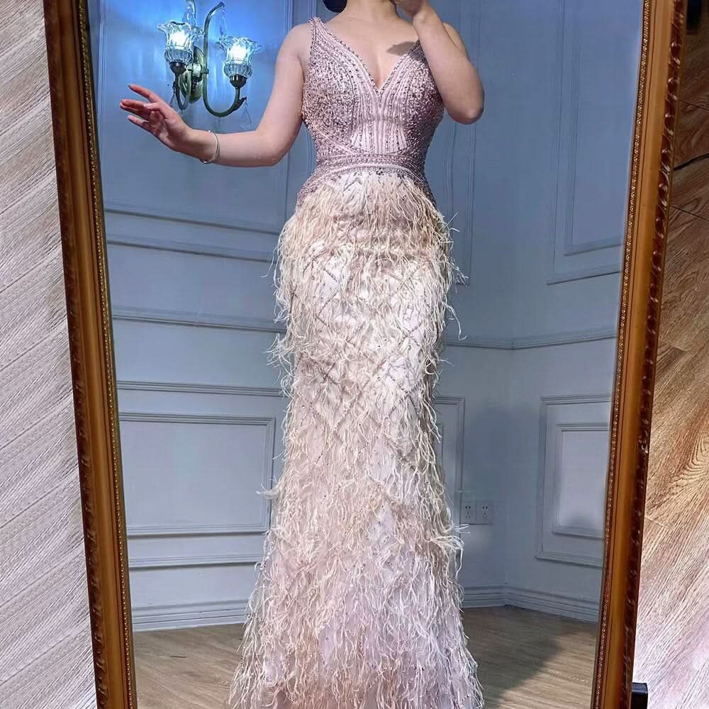 Luxury Pink Beaded Evening Dress with Feather Detail and Mermaid Silhouette BM bride