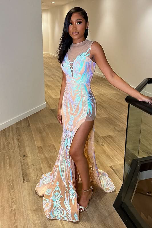 Fantasy Evening Dress Sleeveless V Neck with Sequins Side Split BM bride