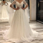 A-Line Deep V-Neck Short Sleeve Backless Floor-Length Wedding Dress with Pearl Lace Appliques BM bride
