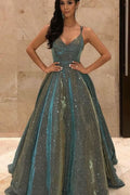 Shimmering Spaghetti-Straps V-Neck Long Sleeveless Sequined Prom Dress BM bride