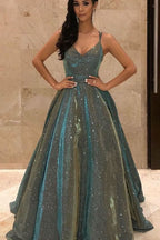 Shimmering Spaghetti-Straps V-Neck Long Sleeveless Sequined Prom Dress BM bride