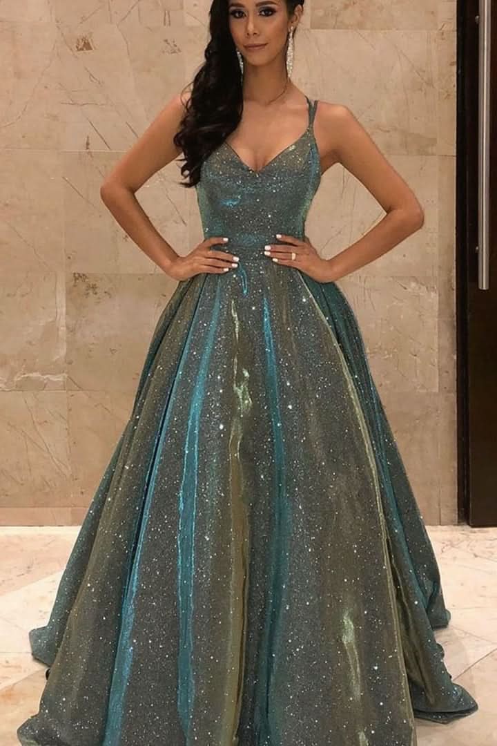 Shimmering Spaghetti-Straps V-Neck Long Sleeveless Sequined Prom Dress BM bride