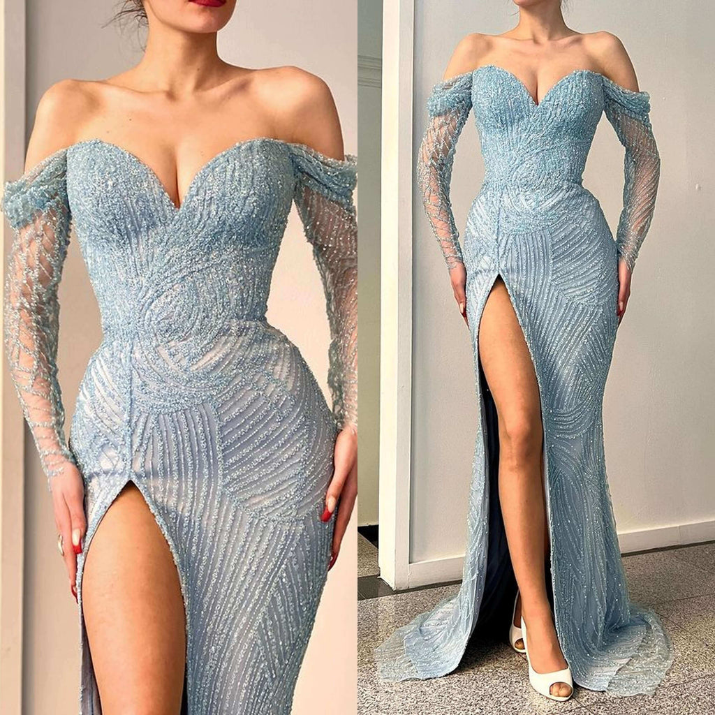 Stunning Off-The-Shoulder Mermaid Evening Dress Long Sleeves with Sweetheart Beadings BM bride