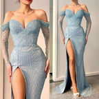 Stunning Off-The-Shoulder Mermaid Evening Dress Long Sleeves with Sweetheart Beadings BM bride