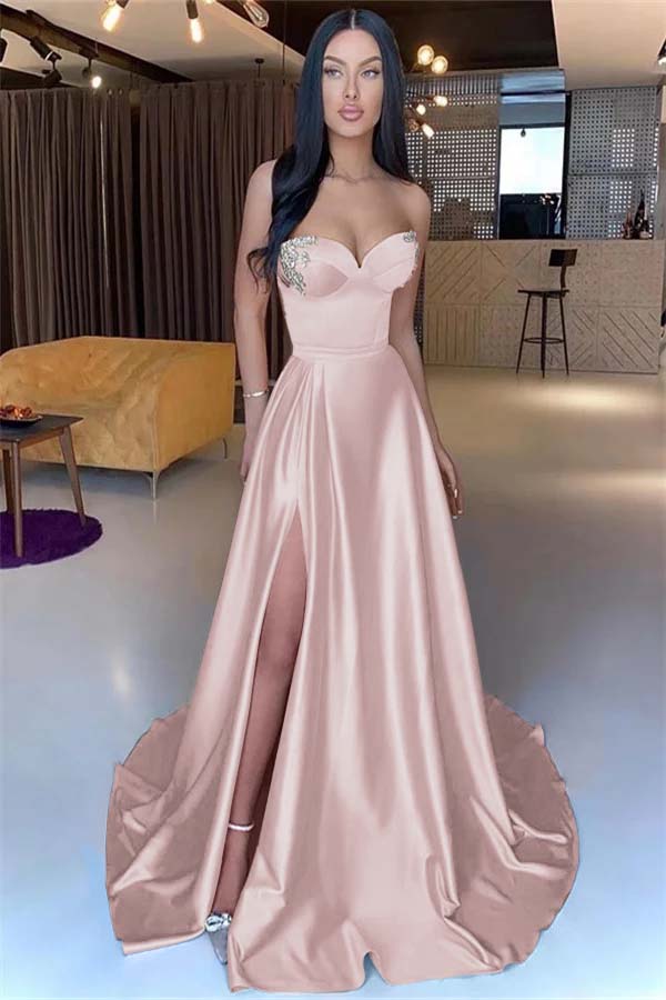 Sweetheart Yellow Strapless Mermaid Beadings Long Prom Dress With Split BMBRIDE