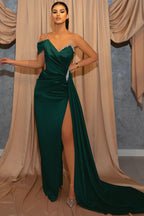 One-Shoulder V-Neck Spaghetti-Strap Beaded Mermaid Prom Dress with Ruffles and Slit BM bride