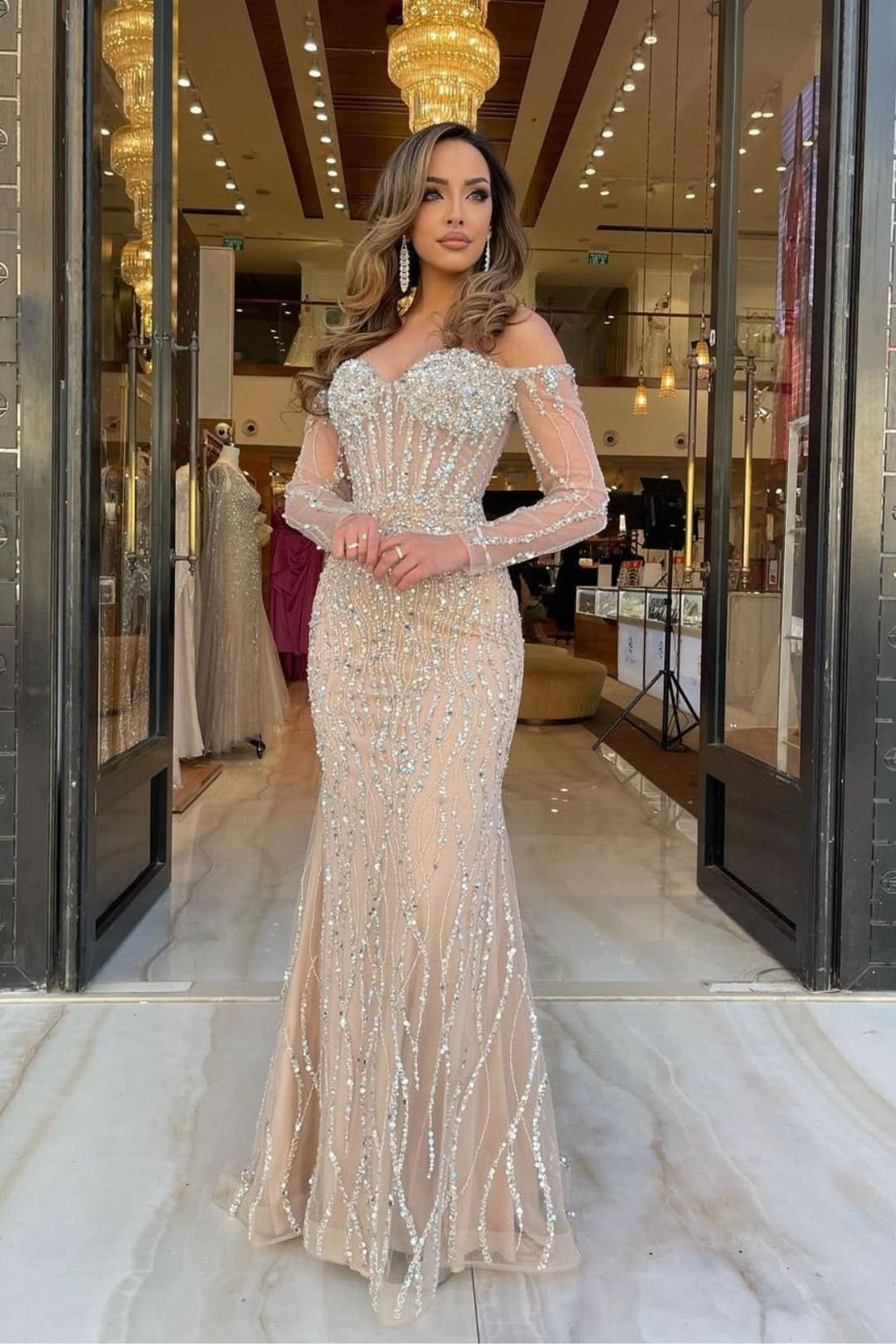 Heavy Sweetheart Prom Dress with Long Sleeves and Strapless Beadings BM bride