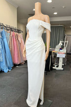 White Off-the-Shoulder Pleated Mermaid Prom Dress with Slit BM bride