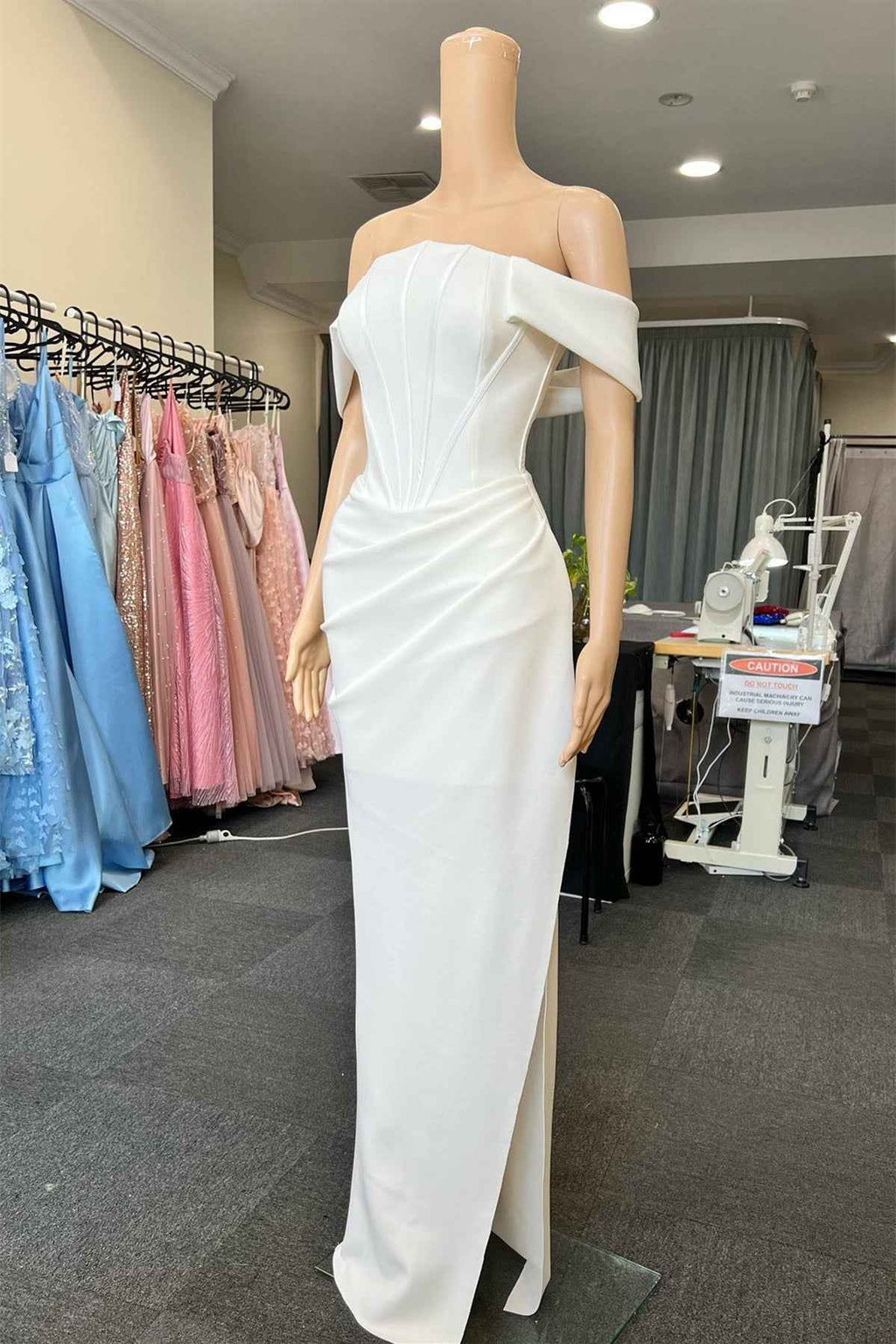 White Off the Shoulder Mermaid Split Prom Dress With Pleated