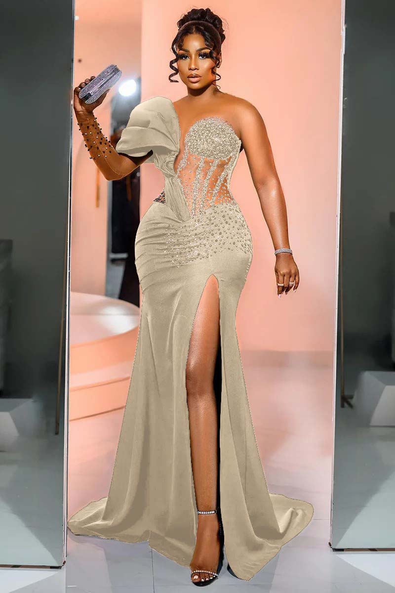 One Shoulder Long Sleeve Long Mermaid Prom Dress With Beading BMBRIDE
