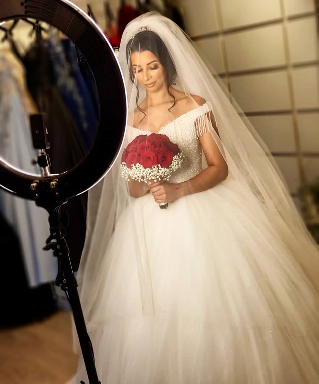 Off-the-shoulder Backless Wedding Dress With Beading Details Tassel Tulle BM bride