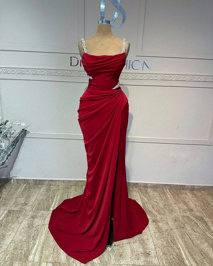 Straps Sleeveless Long Mermaid Prom Dress With Pleated Sequins
